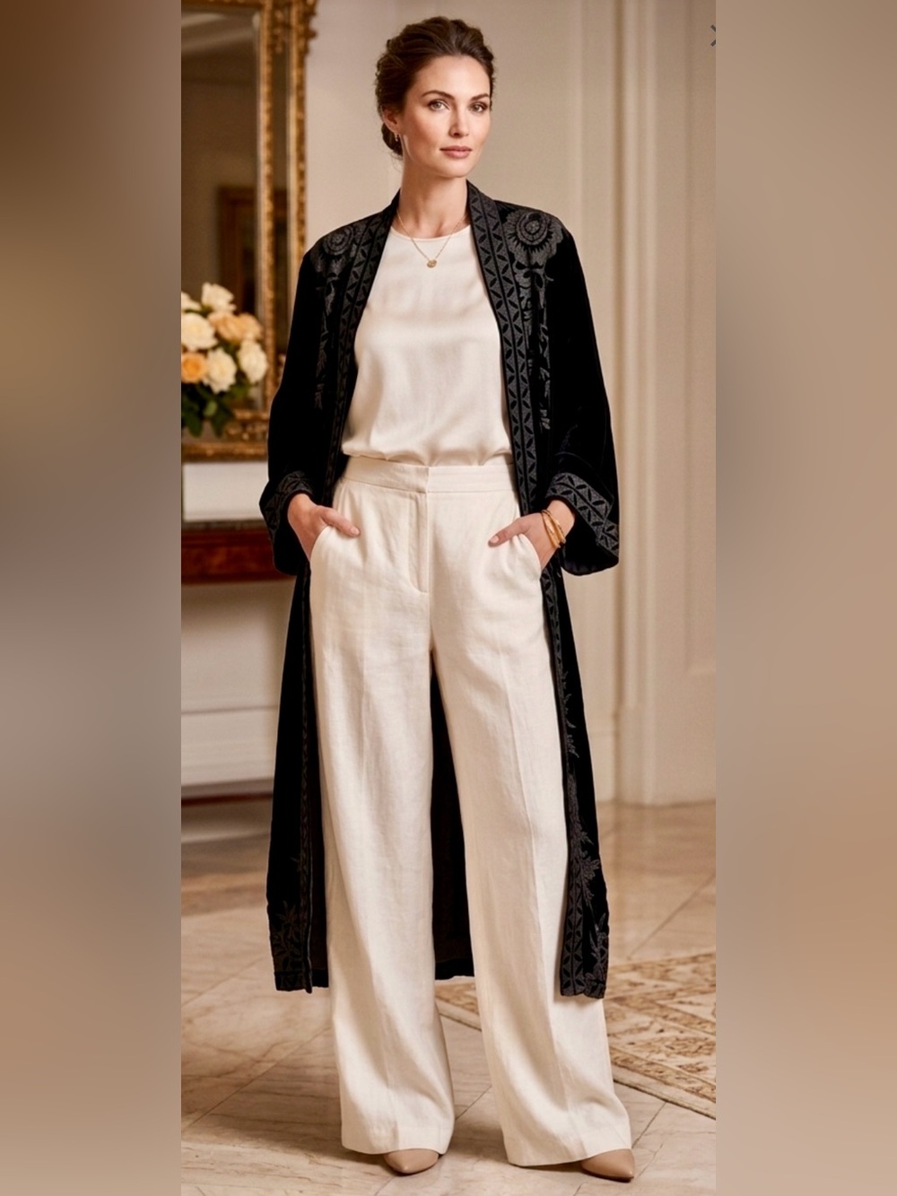 Johnny Was Black Velvet Tonal Embroidered Coat with Bishop Sleeves NWOT Size XL